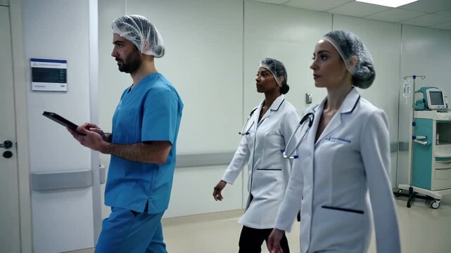 clinical professionals conducting patient rounds with equipment in hand, healthcare practitioners collaboratively strolling through hospital to ensure comprehensive patient treatment