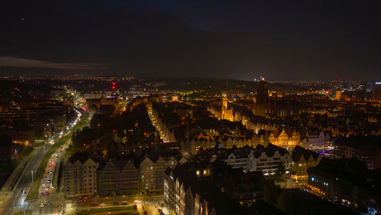 Aerial night view of Gdansk Old Town with St Marys Church and Hall