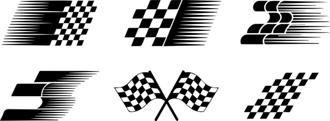 Set of checkered racing flags with dynamic speed motion trails