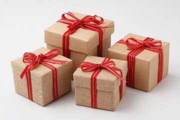 Four neatly wrapped gift boxes in different sizes sit together. Each box features a red ribbon tied in a bow, suggesting warmth and festivity for a special event