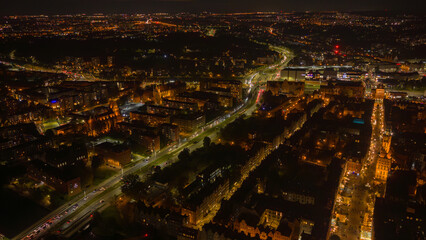 Night aerial of Gdansk with St Marys Church and Long Market lights
