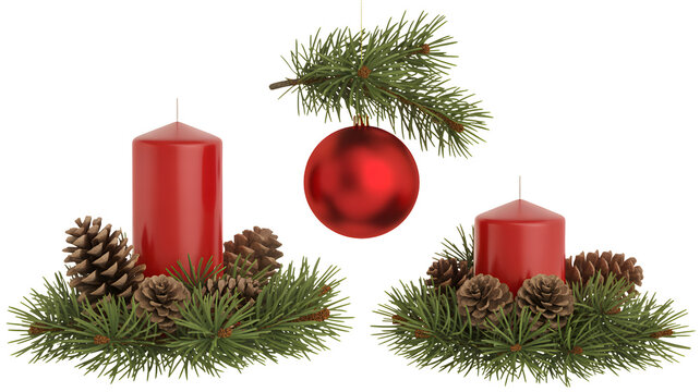 Two red pillar candles and a red bauble ornament with pine needles and pinecones isolated on transparent background - Powered by Adobe