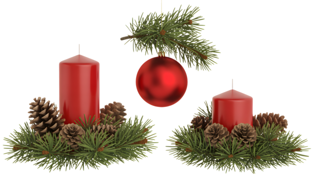 Two red pillar candles and a red bauble ornament with pine needles and pinecones isolated on transparent background