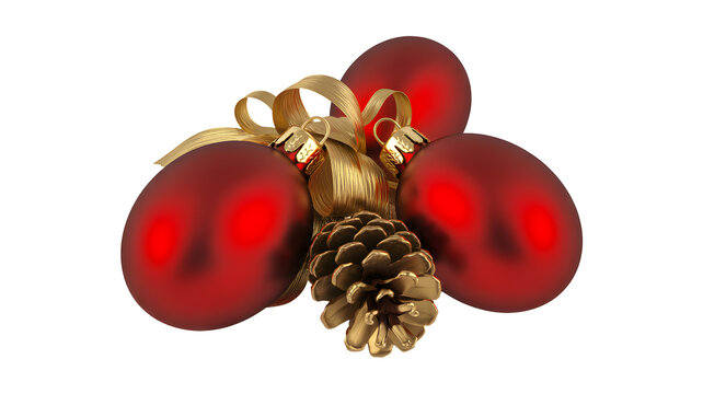 A festive christmas ornament cluster featuring three shiny red baubles and a golden pinecone tied with a ribbon isolated on transparent background