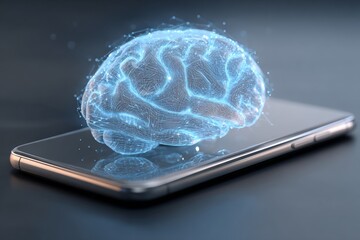 A visual of a glowing brain hologram projected above a smartphone highlights the fusion of technology and intelligence. This scene symbolizes future advancements
