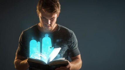 A focused young man stands holding a book, as blue holographic lights and data projections rise from the pages. This image represents digital transformation and advanced education - Powered by Adobe