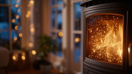 Obraz premium Pellet stove close-up showing glowing chamber and fine ash patterns, cozy warmth radiating through glass window