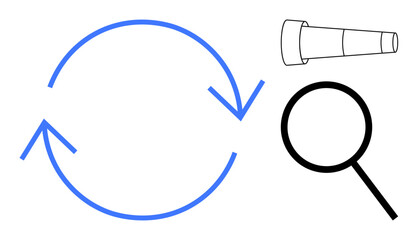 Circular arrows signify process or cycle, magnifying glass for inspection, telescope for distant observation. Ideal for research, discovery, innovation, strategy, analysis, learning investigation
