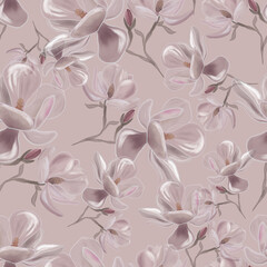 Seamless Watercolor Magnolia Pattern on Pink Background