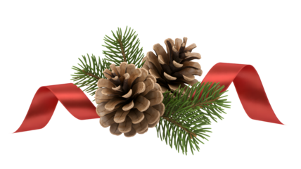 Festive christmas decoration with two pine cones and green fir branches tied with a red ribbon isolated on transparent background