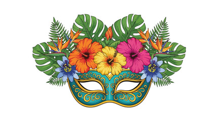 A turquoise mask adorned with vibrant hibiscus flowers and tropical foliage on a black background