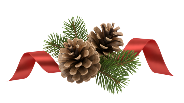 Festive christmas decoration with two pine cones and green fir branches tied with a red ribbon isolated on transparent background