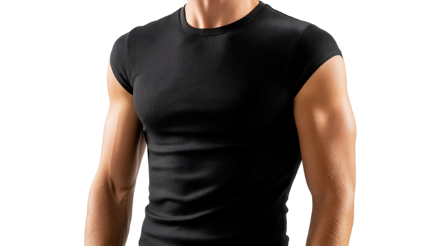 PNG of Muscular Caucasian male in a fitted black t-shirt, showcasing strength and confidence against a clean background.