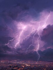 Naklejka premium lightning flashing strikes in night sky under city