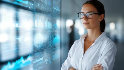 Professional woman in white shirt observes advanced analytics, graphs on virtual display, representing technology driven business intelligence. Scene highlights digital transformation, success - Powered by Adobe