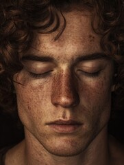 Obraz premium Portrait of a young man with curly hair and freckles closing his eyes, conveying feelings of tiredness, peacefulness, or contemplation