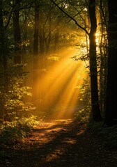 Naklejka premium Golden sunlight illuminates a deeply quiet forest path, inspiring peaceful contemplation, creative thought, and natural renewal, healthy, morning, wilderness