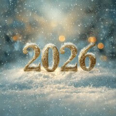 A snowy scene displays shiny golden numbers reading 2026. Soft snowflakes fall gently while distant lights create a warm, festive ambiance in the evening