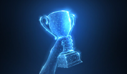 Hand with Trophy cup. Abstract vector 3d trophy isolated on blue background. Champions award, sport victory concept.