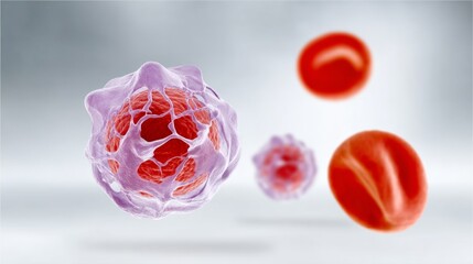 Abstract illustration of red blood cells and a white blood cell floating in a soft gradient background, showcasing the intricate details of human blood components in a scientific context