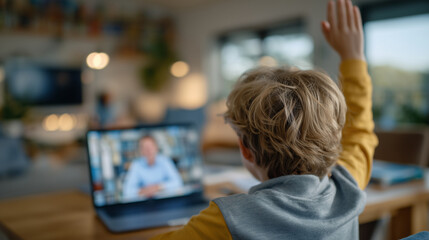 A cozy home classroom setting with a child raising their hand during an online session, teacher visible on laptop screen, soft daylight and calm colors filling the room