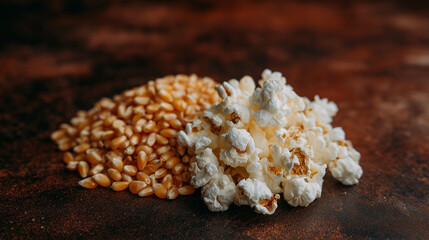 Shallow-depth macro photograph of raw and popped popcorn together, light playing on their textures, warm earthy tones on a textured brown surface