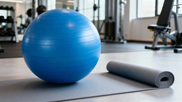 Blue exercise ball and gray yoga mat in modern gym setting - Concept of ecology, sports  