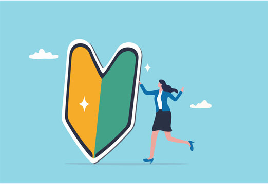 Beginner, newbie or new hire employee, start new career or job, newcomer or new graduate concept, cheerful cute young businesswoman female pose with big beginner mark.