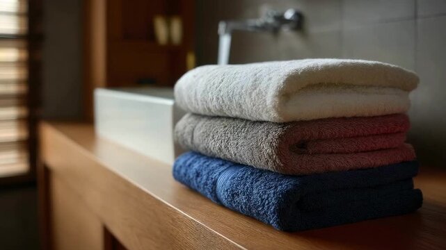Stack of four colorful folded towels on a wooden bathroom counter with a white sink and blurred faucet in the background