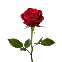 Naklejka premium A beautiful single red rose with rich velvet petals displayed prominently against a stark, pure white background. Minimalist styling ,anniversary ,still life ,vibrant