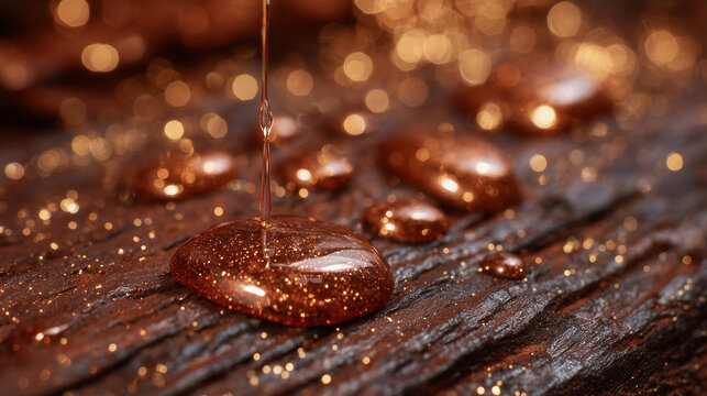 Close-up of shiny molten copper drops on a dark textured background, each droplet reflecting warm highlights and surrounding details