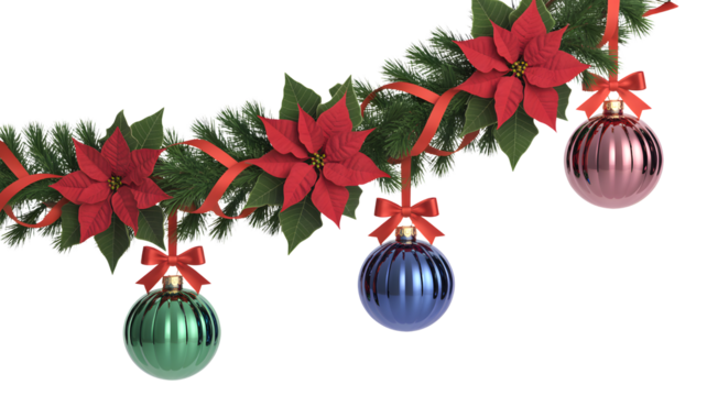 Festive christmas garland with red poinsettias and colorful glass ornaments hanging on a transparent background isolated on transparent background