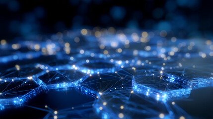 Macro close-up of a hexagonal structure made of glossy blue tiles against a dark background, semi-transparent overlay lines connecting each piece into a network, digital and futuri