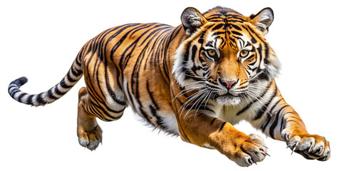 Tiger is running isolated on transparent background, showing its strength and agility