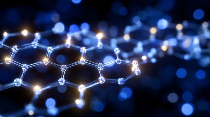 Close-up of a hexagonal lattice in rich blue tones, dark background emphasizing depth, translucent network overlay connecting each node with glowing lines