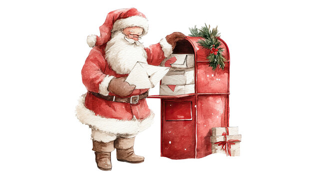 Watercolor Santa with red mailbox and Christmas letters illustration transparent background