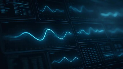 Futuristic data visualization showcasing digital waveforms and information graphics in glowing blue tones. - Powered by Adobe