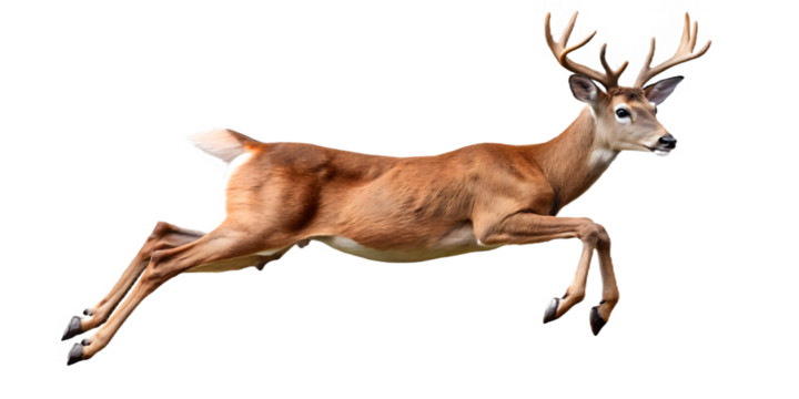 Whitetailed deer jumping isolated on transparent background in the forest or meadow