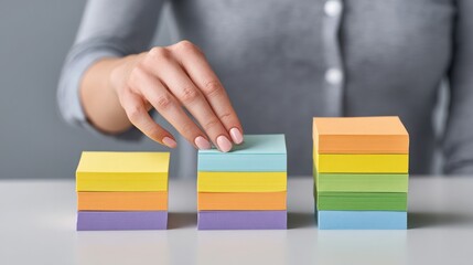 Hand arranging colorful sticky notes in ascending order on a table.