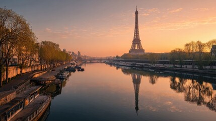 Naklejka premium Seine in Paris with Eiffel tower in morning time, no logos, no brands
