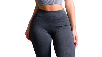 PNG of A female model showcasing stylish activewear in form-fitting gray leggings and a cropped top, perfect for workouts.