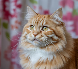 Fluffy ginger cat with yellow eyes gazes upwards, his white whiskers spread wide against floral backdrop