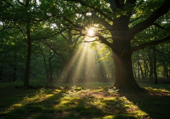 Obraz premium Sunlight filters through the dense, leafy canopy of an ancient oak forest, illuminating mossy ground and massive tree trunks, dense, gigantic, peaceful
