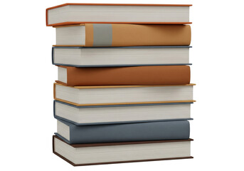 A stack of vertically stacked hardcover books with different colored covers, isolated on a transparent surface. Education, reading, and library concept.