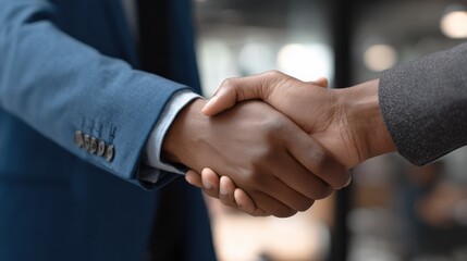 Two happy diverse professional business men executive leaders shaking hands after successful financial deal at group board office meeting. Trust agreement company trade partnership handshake concept.