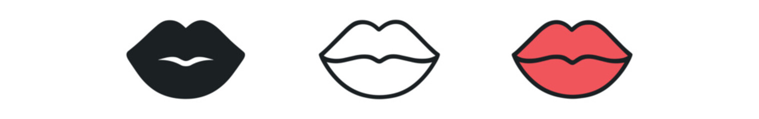 kissing lips icon on white background Black silhouette flat icon outline icon and colored icon style. 1x3 grid. three minimal vector icon style. centered composition clear white space