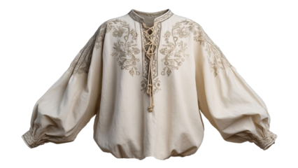 PNG of Elegant cream-colored blouse with intricate floral embroidery and voluminous sleeves for a stylish touch.