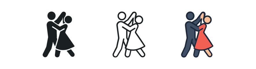 couple dancing icon on white background Black silhouette flat icon outline icon and colored icon style. 1x3 grid. three minimal vector icon style. centered composition clear white space