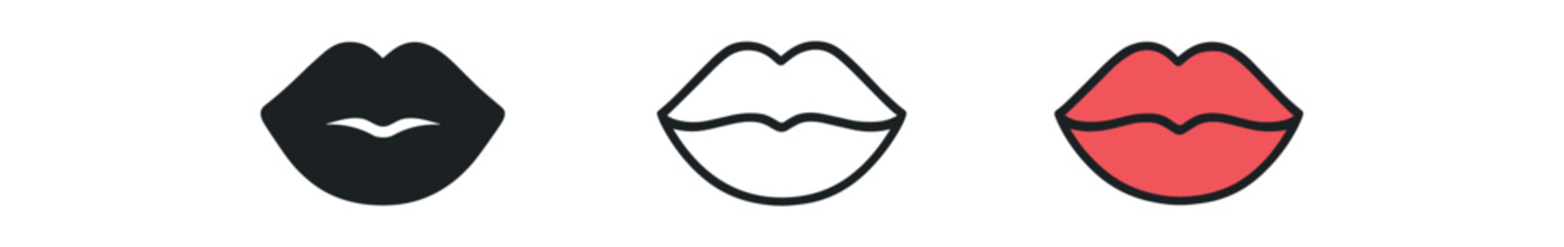 kissing lips icon on white background Black silhouette flat icon outline icon and colored icon style. 1x3 grid. three minimal vector icon style. centered composition clear white space
