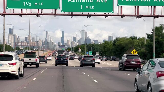 Chicago, IL - July 28, 2024: Interstate traffic to Downtown Chicago